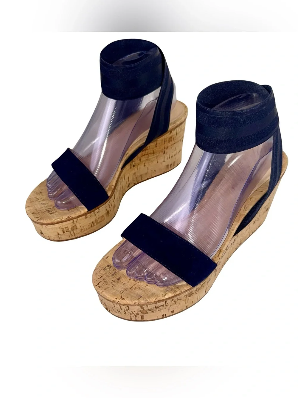 GIANVITO ROSSI CORK WEDGE SANDALS WITH DENIM BLUE ELASTIC ANKLE STRAP